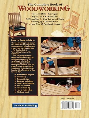 Back cover of 'The Complete Book of Woodworking' showing a chair, tools, and project images.