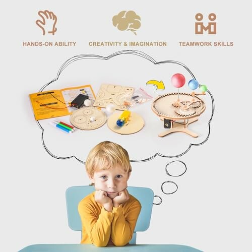 Child imagining building an educational toy kit with hands-on, creativity, and teamwork skills.