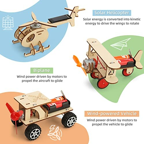 Three DIY models: solar helicopter, biplane, and wind-powered vehicle.