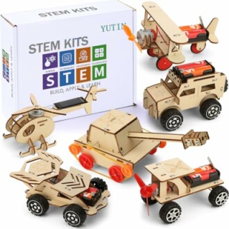 STEM kits with wooden toy models including cars, planes, and a tank.