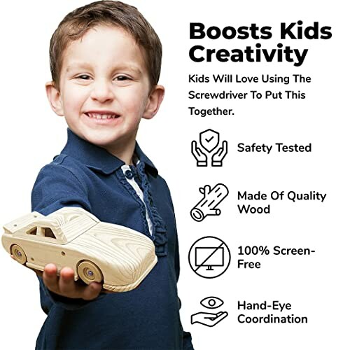 Child holding a wooden car kit with benefits listed: boosts creativity, safety tested, quality wood, screen-free, hand-eye coordination.