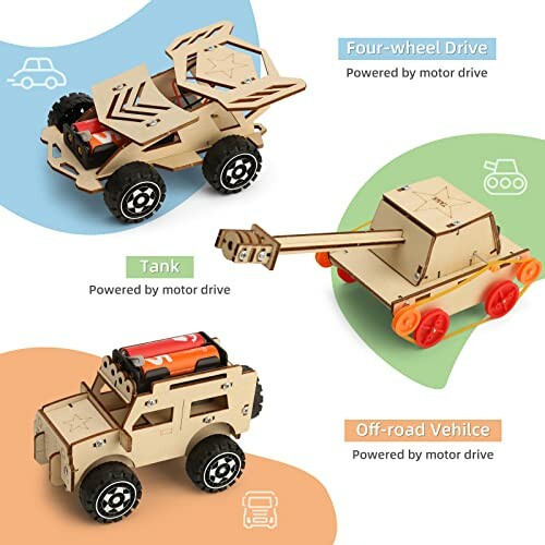 Three wooden motor-driven toy models: four-wheel drive car, tank, and off-road vehicle.