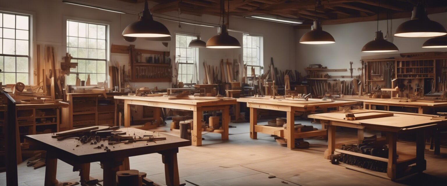 Woodworking class setup with tools and materials