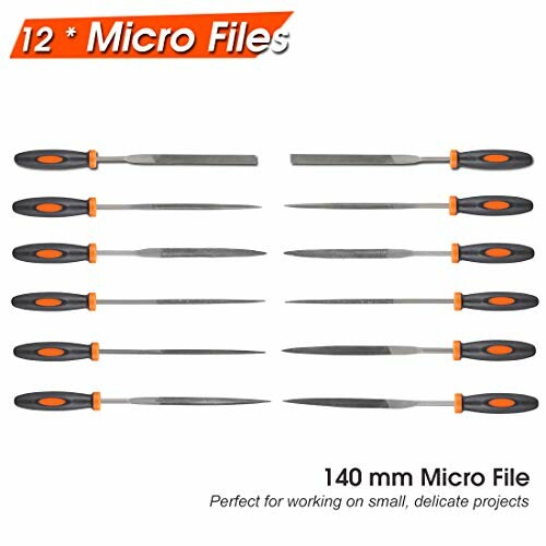 Set of 12 micro files with black and orange handles for delicate projects.