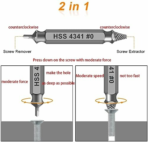 Diagram showing a 2-in-1 screw extractor and remover with instructions.