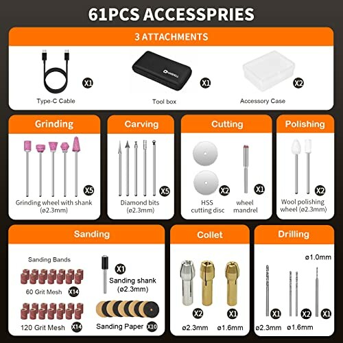 Image showing 61-piece accessory kit with grinding, carving, cutting, polishing, sanding, collet, and drilling tools.