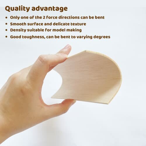 Hand bending a piece of balsa wood with text highlighting quality advantages.