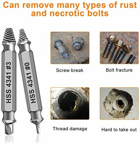 Image of a bolt extractor tool with examples of damaged bolts it can remove.