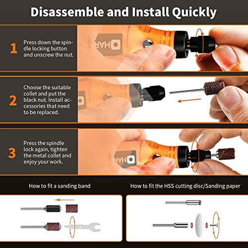 Guide on disassembling and installing a tool with three steps and fitting instructions.