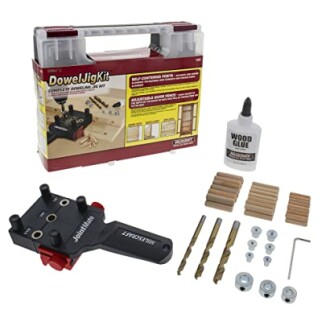 Complete dowel jig kit with wood glue and accessories.