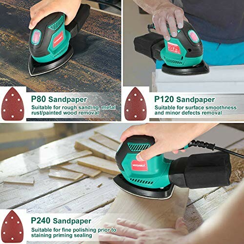 Electric sander with three sandpaper grits for various wood finishing tasks.