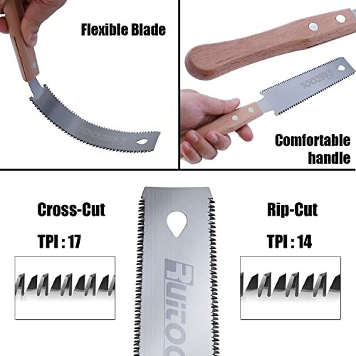 Hand saw with flexible blade and comfortable handle, showing cross-cut and rip-cut teeth.