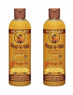 Howard Feed-N-Wax wood polish and conditioner bottles.