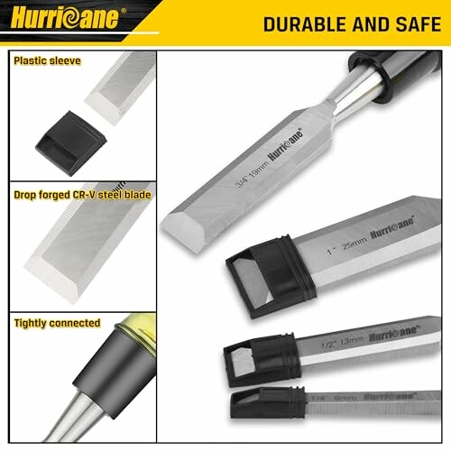 Hurricane chisel set with durable CR-V steel blades and plastic sleeves.