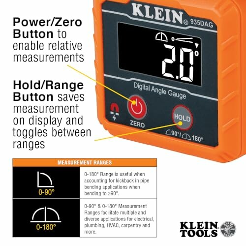 Klein digital angle gauge showing measurements and button functions.