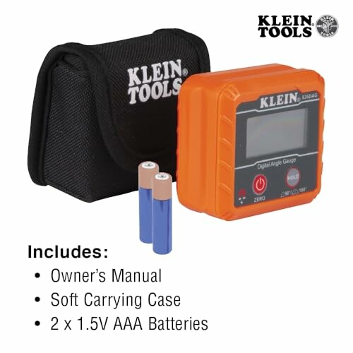 Klein Tools digital angle gauge with carrying case and AAA batteries.