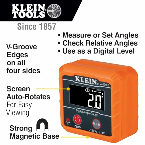 Klein Tools digital angle gauge with features highlighted.