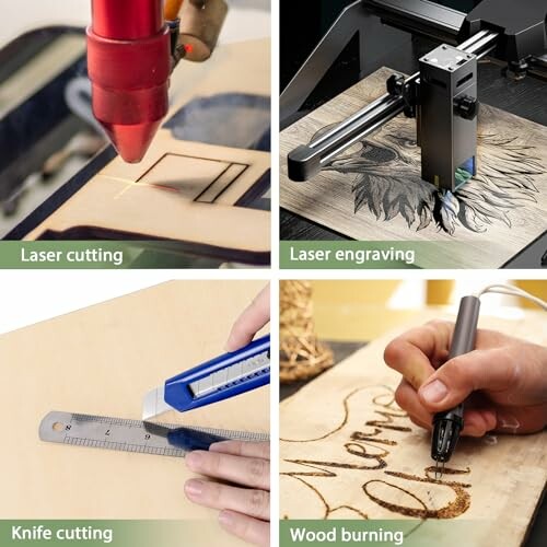 Collage showing laser cutting, laser engraving, knife cutting, and wood burning tools.