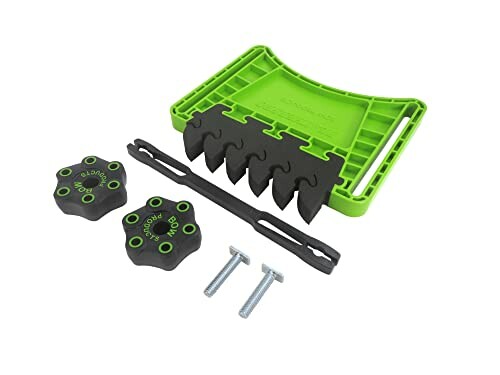 Lawn mower blade sharpener kit with green holder, sharpening pads, bolts, and accessories.