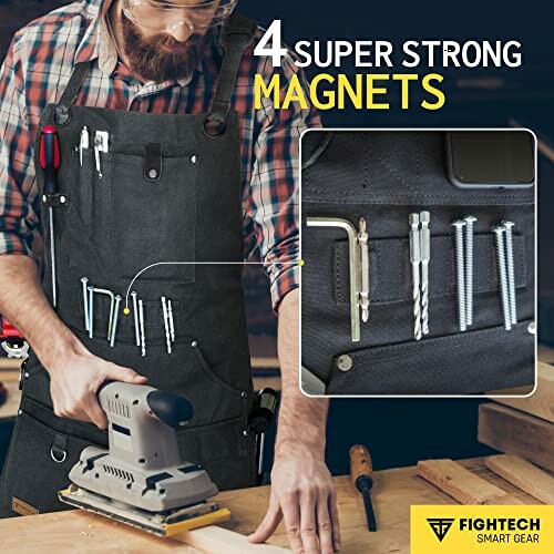 Person wearing magnetic tool apron holding a sander.