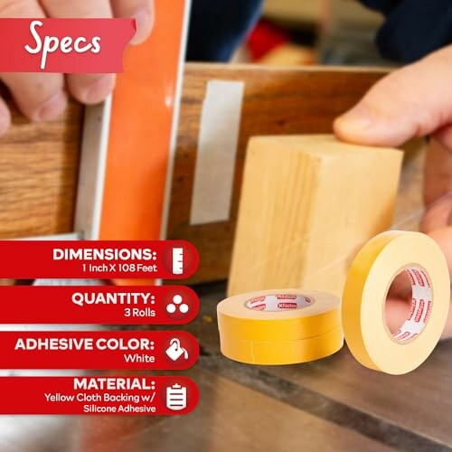 Masking tape specs with dimensions, quantity, adhesive color, and material.