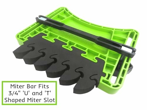 Green and black miter bar slot sizing tool for 3/4 inch U and T shaped slots.