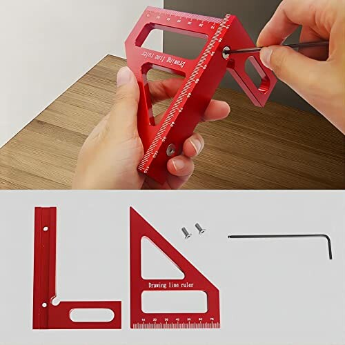 Red multi-angle measuring tool with ruler and hex key