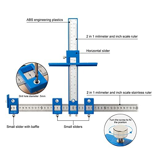 Multi-functional ruler tool with sliders and drill hole diameter gauge.