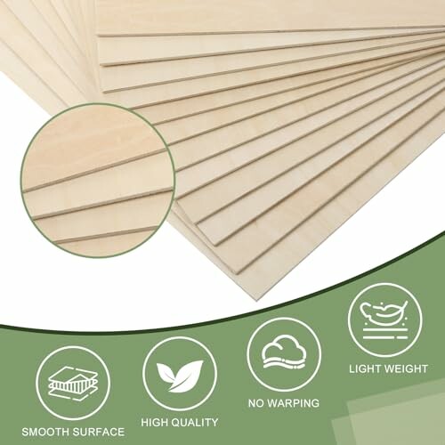 Stack of plywood sheets with icons highlighting smooth surface, high quality, no warping, and light weight.