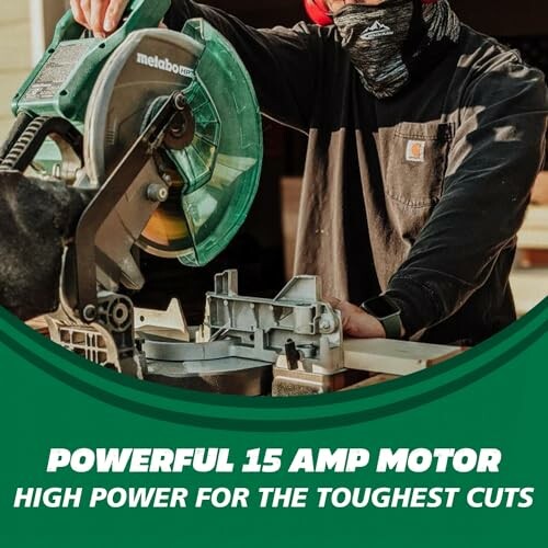 Person using a miter saw with text highlighting a powerful 15 amp motor.