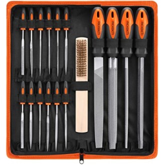 A set of precision files and tools with orange handles in a case.