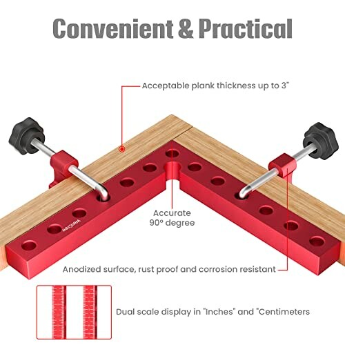 Right angle clamp tool with dual scale display for woodworking.