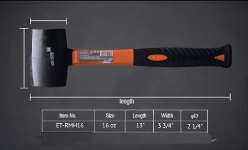 Black and orange rubber mallet with dimensions displayed on a gray background.