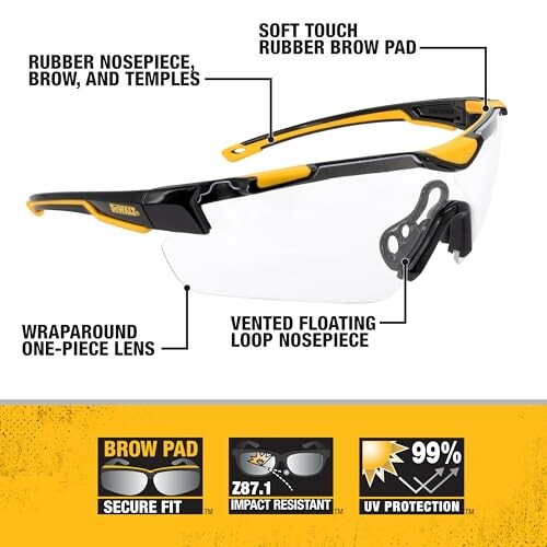 Safety glasses with features like rubber nosepiece, brow pad, and UV protection.