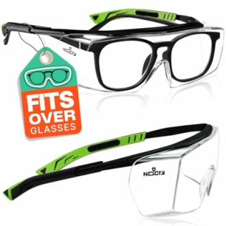 Protective safety glasses fitting over regular glasses, black and green frame.