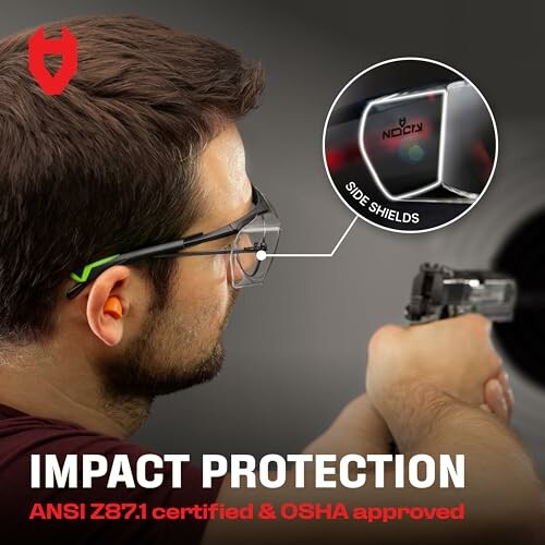 Person wearing safety glasses while shooting a gun, highlighting impact protection features.