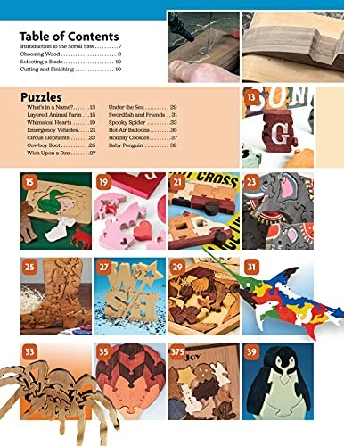 Colorful book page featuring various scroll saw puzzles and table of contents.