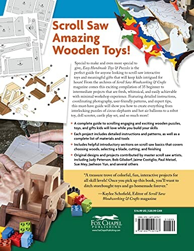 Back cover of book titled 'Scroll Saw Amazing Wooden Toys' with images of wooden toy projects.