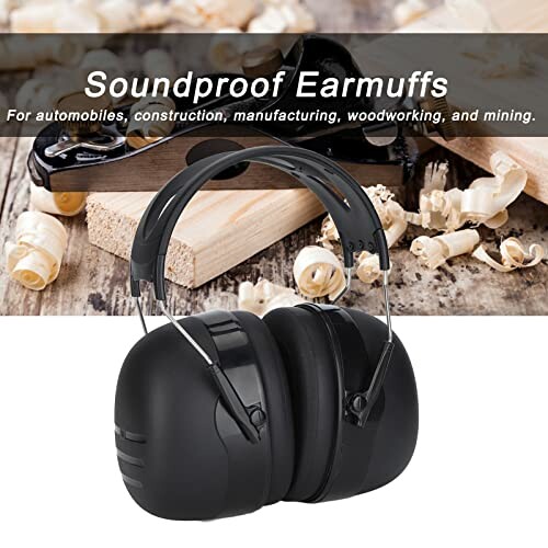 Black soundproof earmuffs with wood shavings and tools in the background.