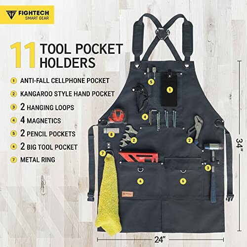 Black tool apron with multiple pockets and tools, labeled for organization.