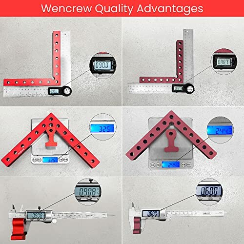 Wencrew quality advantages shown with measuring tools and angles.