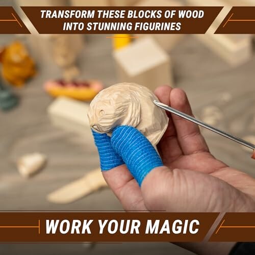 Hand carving a wooden figurine with tools, text overlay.