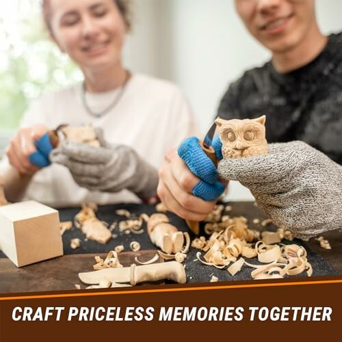 Two people carving wooden figurines with tools.