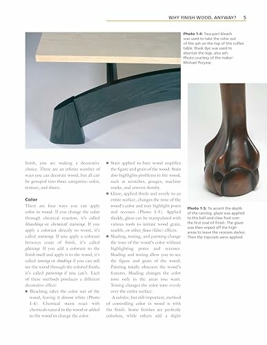 Page showing wood finishing techniques with images of wood parts.