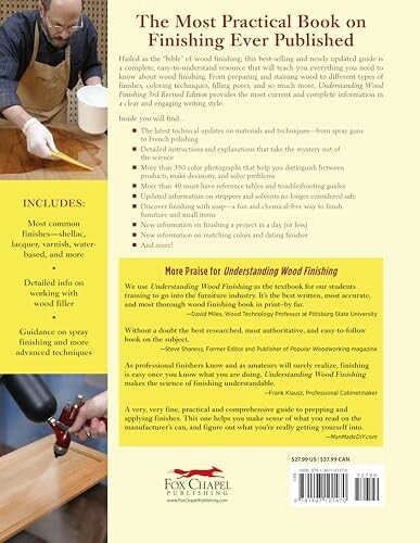 Back cover of a wood finishing book detailing contents and endorsements.