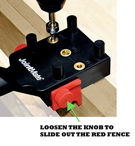 Woodworking tool with red knob and instructions to loosen for adjustment.