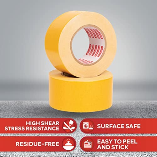 Two yellow adhesive tape rolls with product features highlighted: high shear stress resistance, surface safe, residue-free, easy to peel and stick.